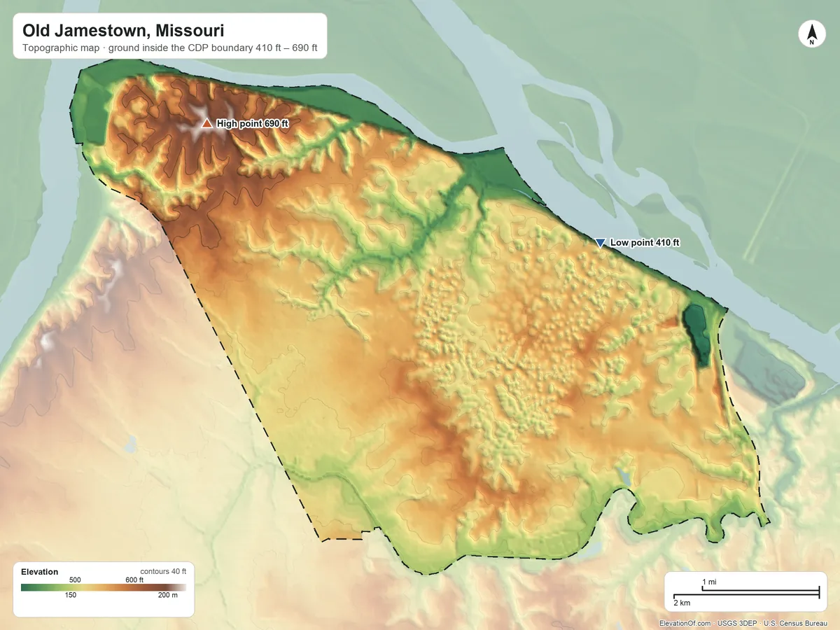 Topographic elevation map of Old Jamestown, Missouri, shaded from 410 ft on the northeast side to 690 ft on the northwest side