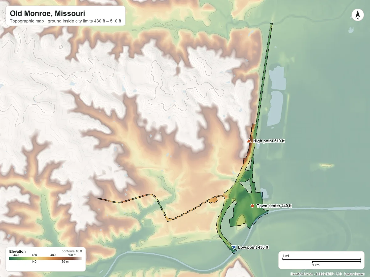 Topographic elevation map of Old Monroe, Missouri, shaded from 430 ft on the southwest side to 510 ft on the north side