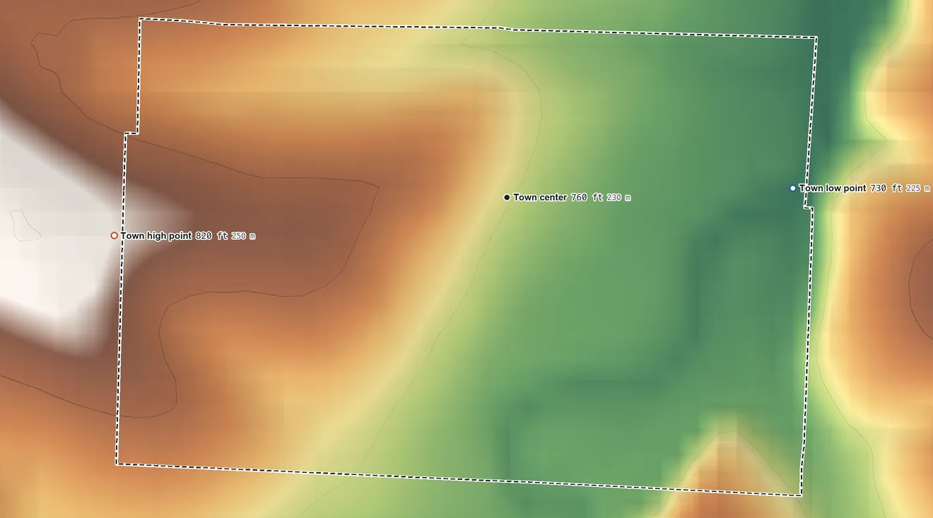 Topographic elevation map of Olean, Missouri, shaded from 730 ft on the east side to 820 ft on the west side