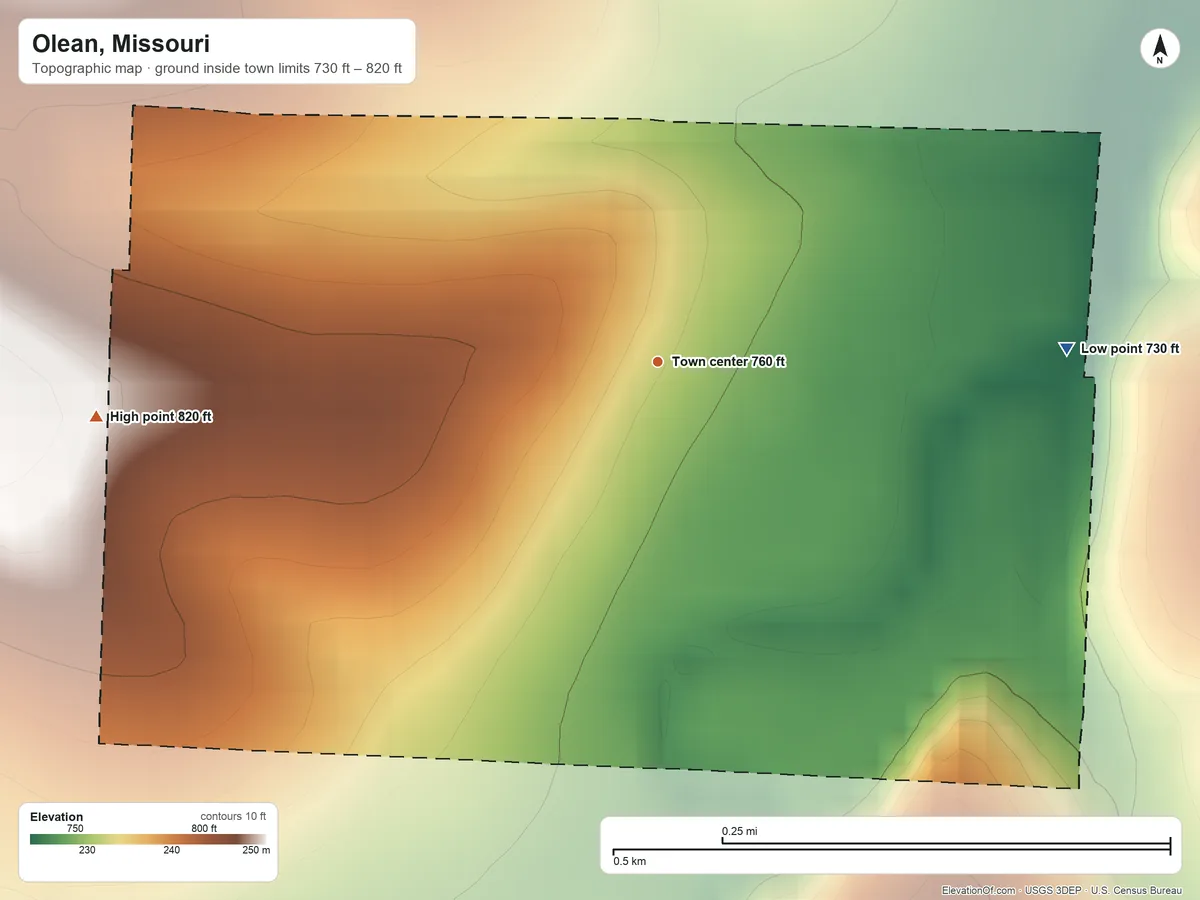 Topographic elevation map of Olean, Missouri, shaded from 730 ft on the east side to 820 ft on the west side