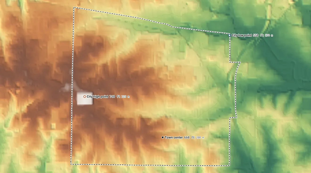Topographic elevation map of Olivette, Missouri, shaded from 550 ft on the northeast side to 740 ft on the northwest side