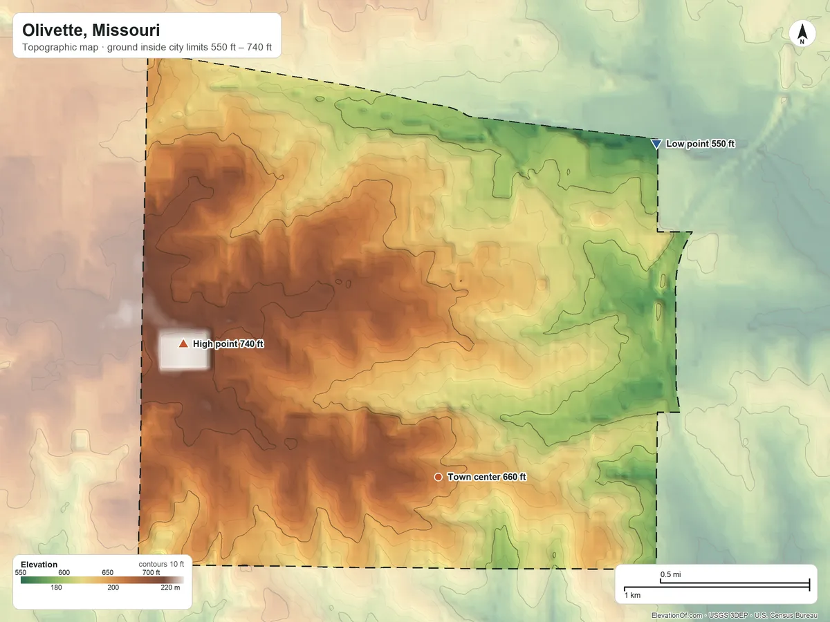 Topographic elevation map of Olivette, Missouri, shaded from 550 ft on the northeast side to 740 ft on the northwest side