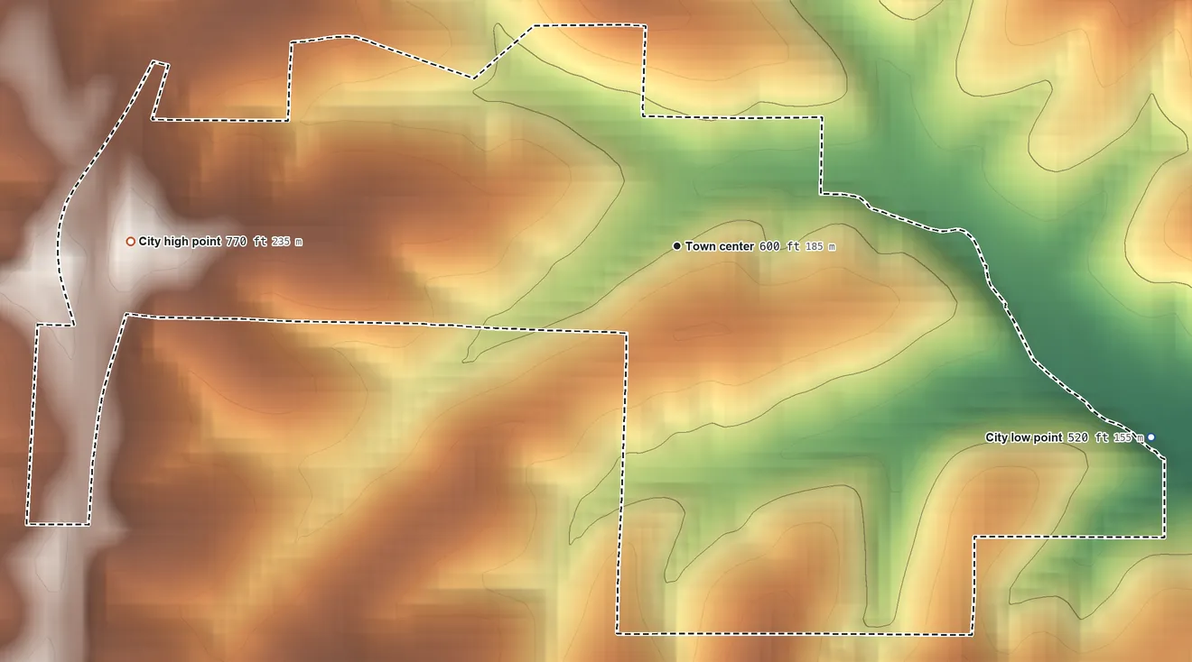 Topographic elevation map of Olympian Village, Missouri, shaded from 520 ft on the east side to 770 ft on the west side
