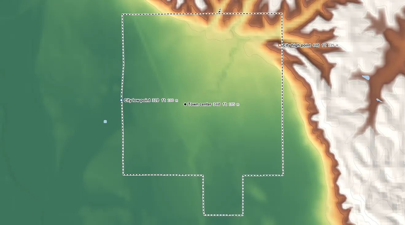Topographic elevation map of Oran, Missouri, shaded from 320 ft on the west side to 440 ft on the northeast side