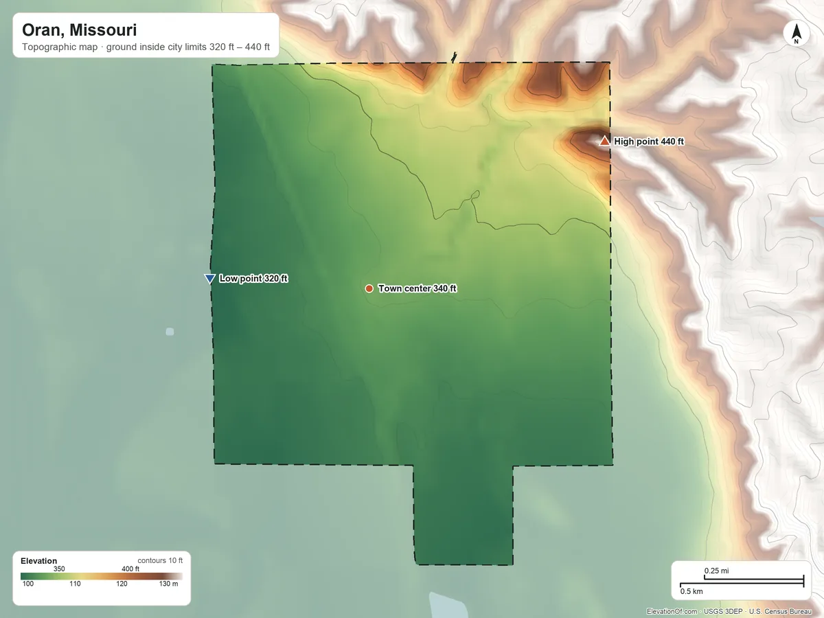 Topographic elevation map of Oran, Missouri, shaded from 320 ft on the west side to 440 ft on the northeast side