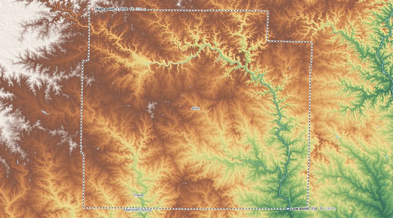 Topographic elevation map of Oregon County, Missouri, shaded from 350 ft on the southeast side to 1,090 ft on the northwest side