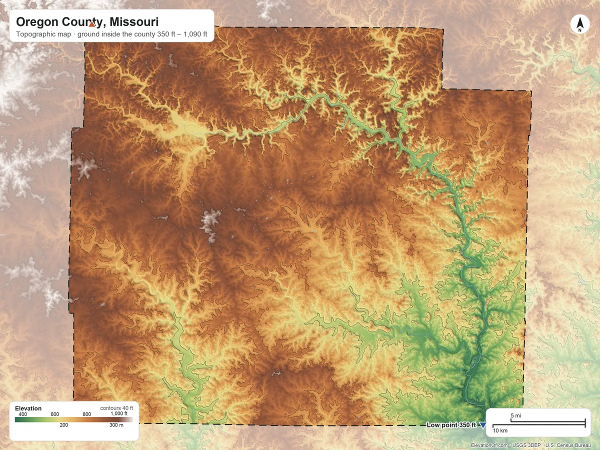 Topographic elevation map of Oregon County, Missouri, shaded from 350 ft on the southeast side to 1,090 ft on the northwest side