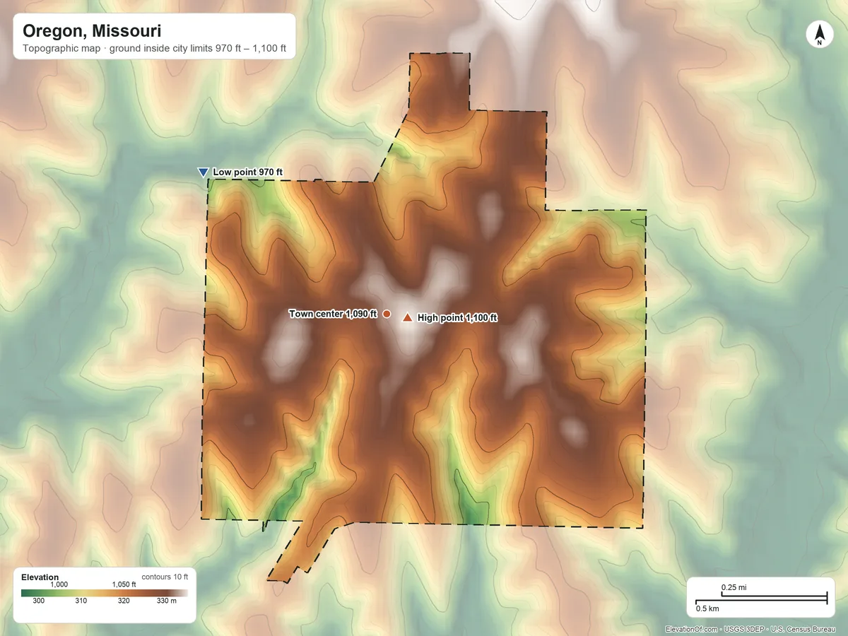 Topographic elevation map of Oregon, Missouri, shaded from 970 ft on the northwest side to 1,100 ft near the middle
