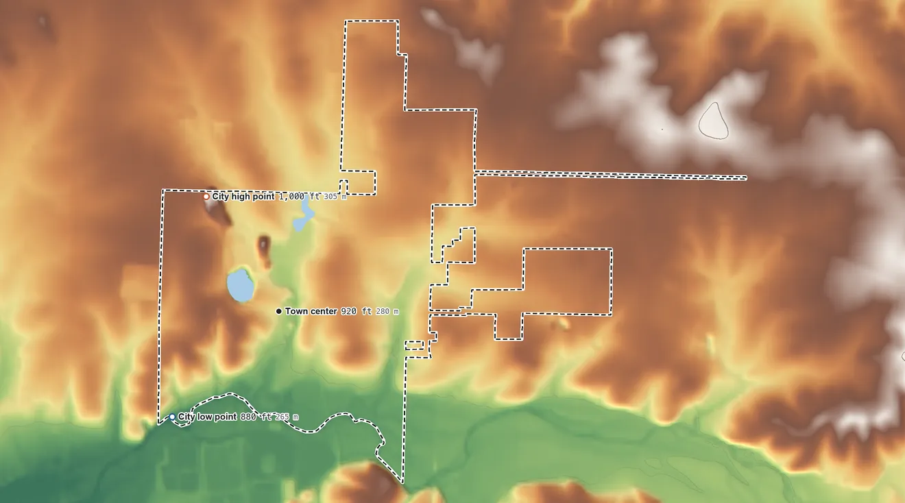 Topographic elevation map of Oronogo, Missouri, shaded from 880 ft on the southwest side to 1,000 ft on the northwest side