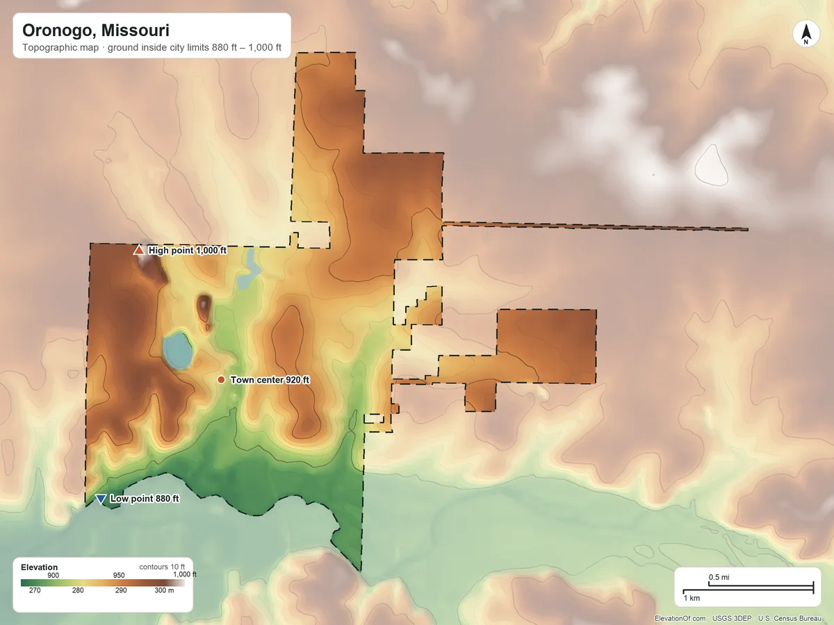 Topographic elevation map of Oronogo, Missouri, shaded from 880 ft on the southwest side to 1,000 ft on the northwest side