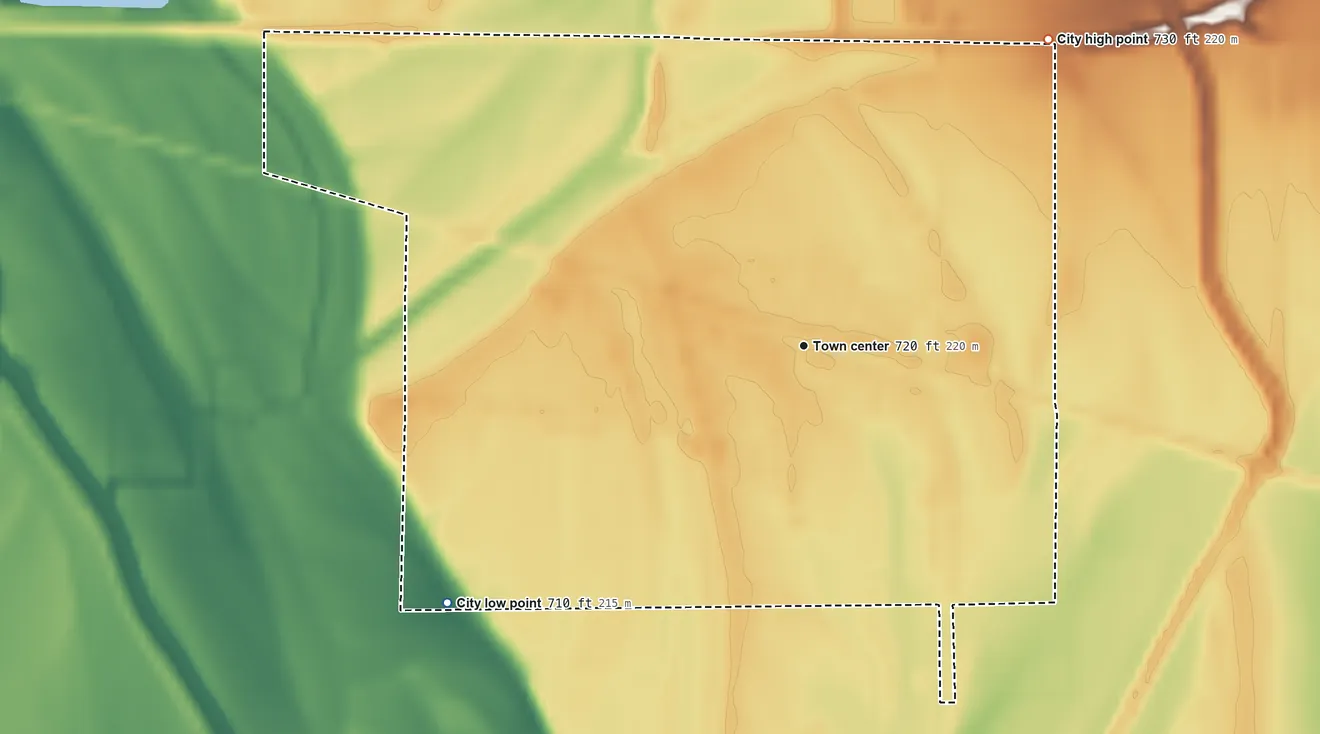 Topographic elevation map of Orrick, Missouri, shaded from 710 ft on the southwest side to 730 ft on the northeast side
