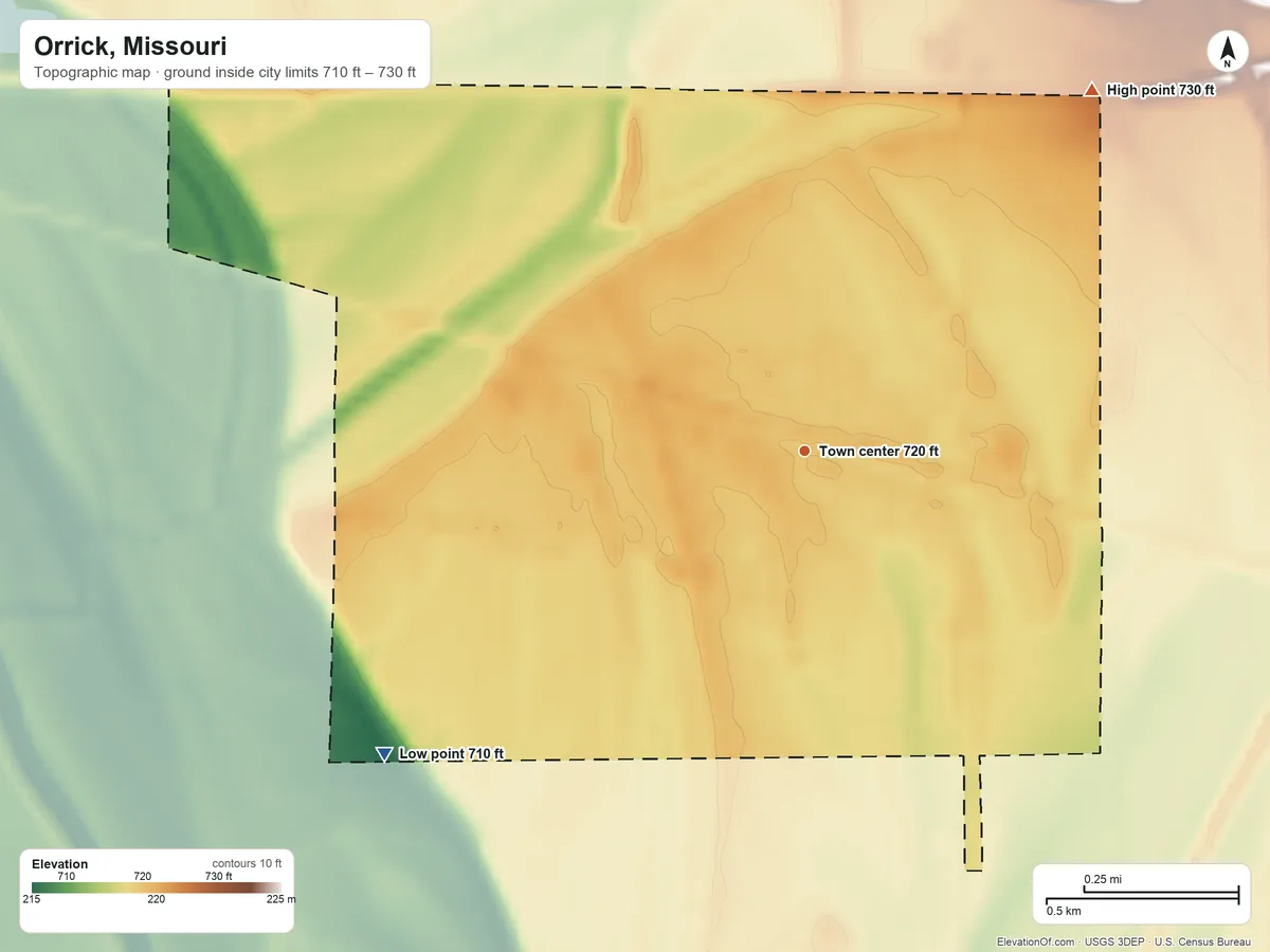 Topographic elevation map of Orrick, Missouri, shaded from 710 ft on the southwest side to 730 ft on the northeast side