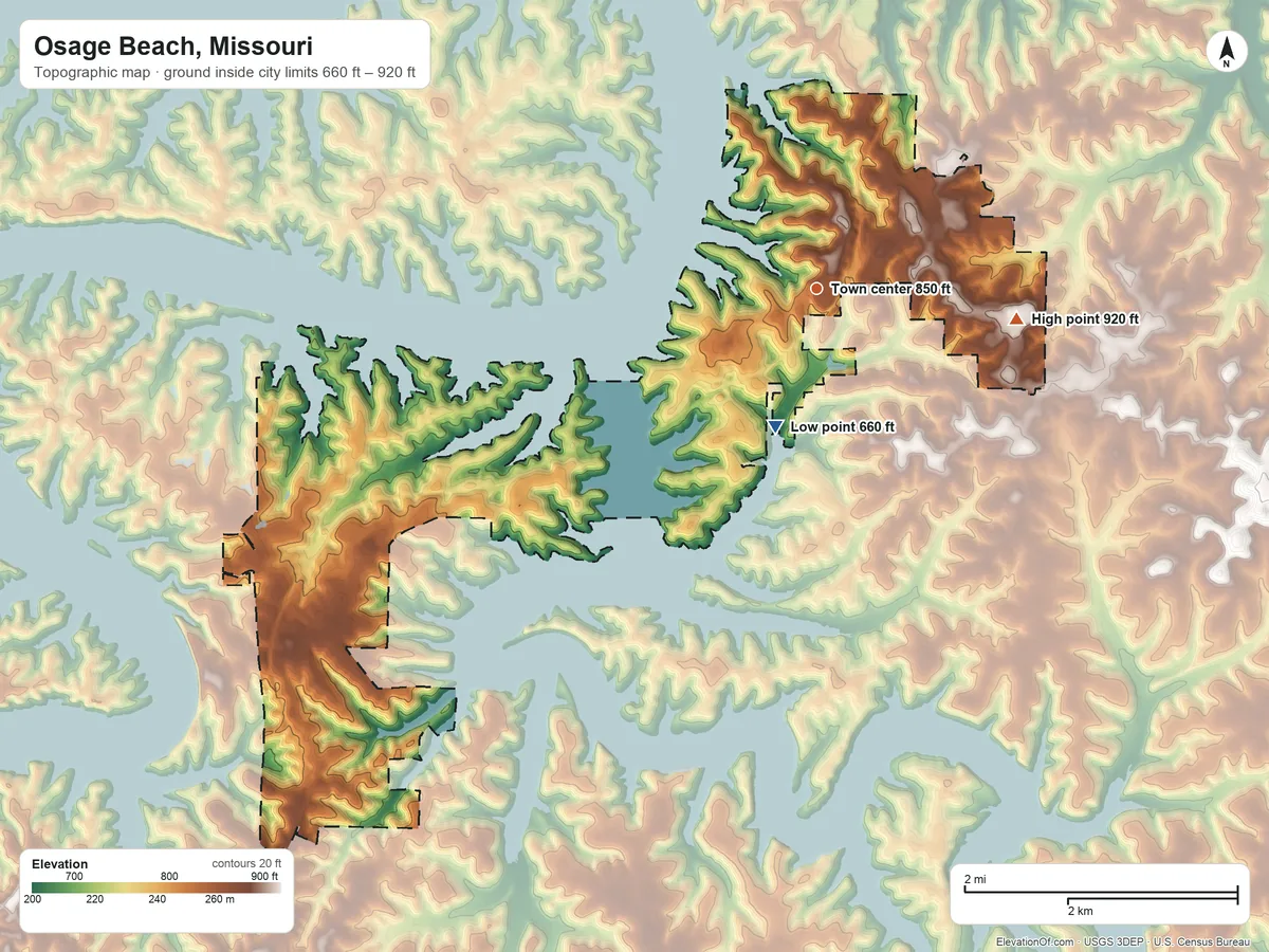 Topographic elevation map of Osage Beach, Missouri, shaded from 660 ft on the south side to 920 ft on the east side