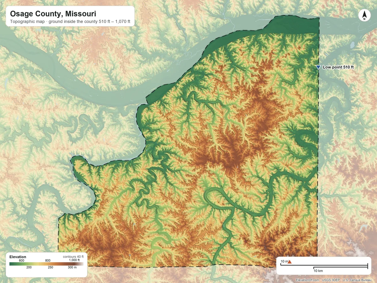 Topographic elevation map of Osage County, Missouri, shaded from 510 ft on the northeast side to 1,070 ft on the southeast side
