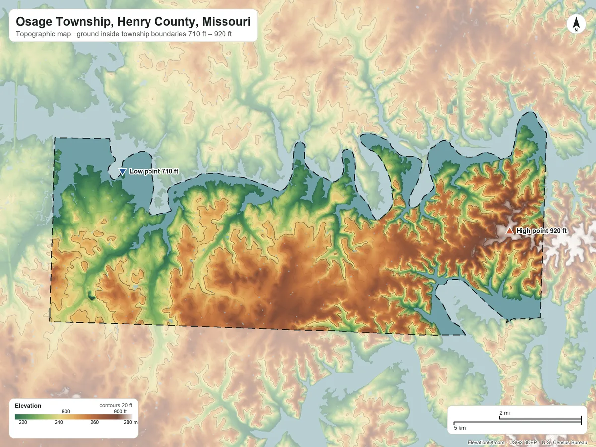 Topographic elevation map of Osage Township, Henry County, Missouri, shaded from 710 ft on the northwest side to 920 ft on the east side