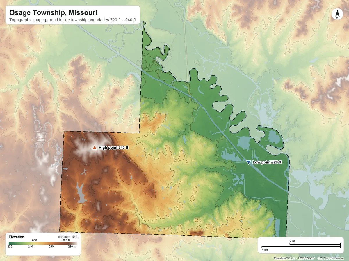 Topographic elevation map of Osage Township, Missouri, shaded from 720 ft on the east side to 940 ft on the west side