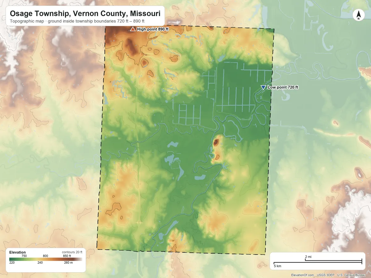 Topographic elevation map of Osage Township, Vernon County, Missouri, shaded from 720 ft on the northeast side to 890 ft on the north side