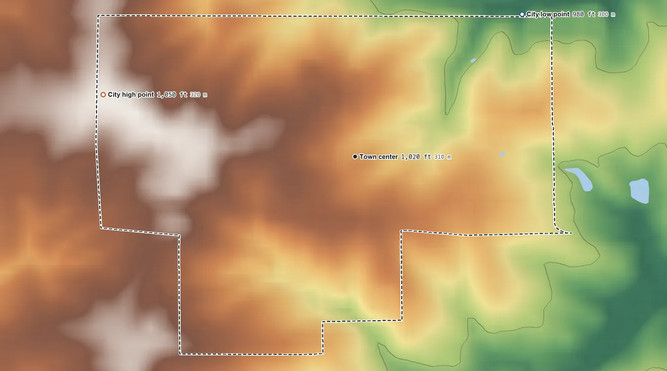 Topographic elevation map of Osborn, Missouri, shaded from 980 ft on the northeast side to 1,050 ft on the west side
