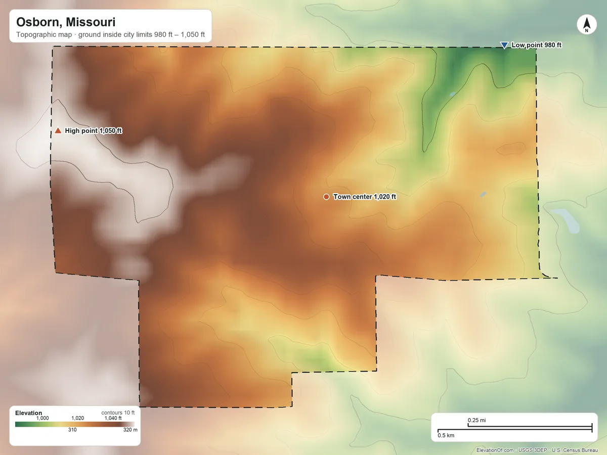 Topographic elevation map of Osborn, Missouri, shaded from 980 ft on the northeast side to 1,050 ft on the west side