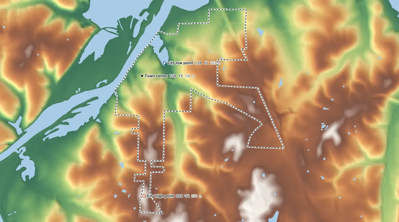 Topographic elevation map of Osceola, Missouri, shaded from 710 ft near the middle to 880 ft on the south side