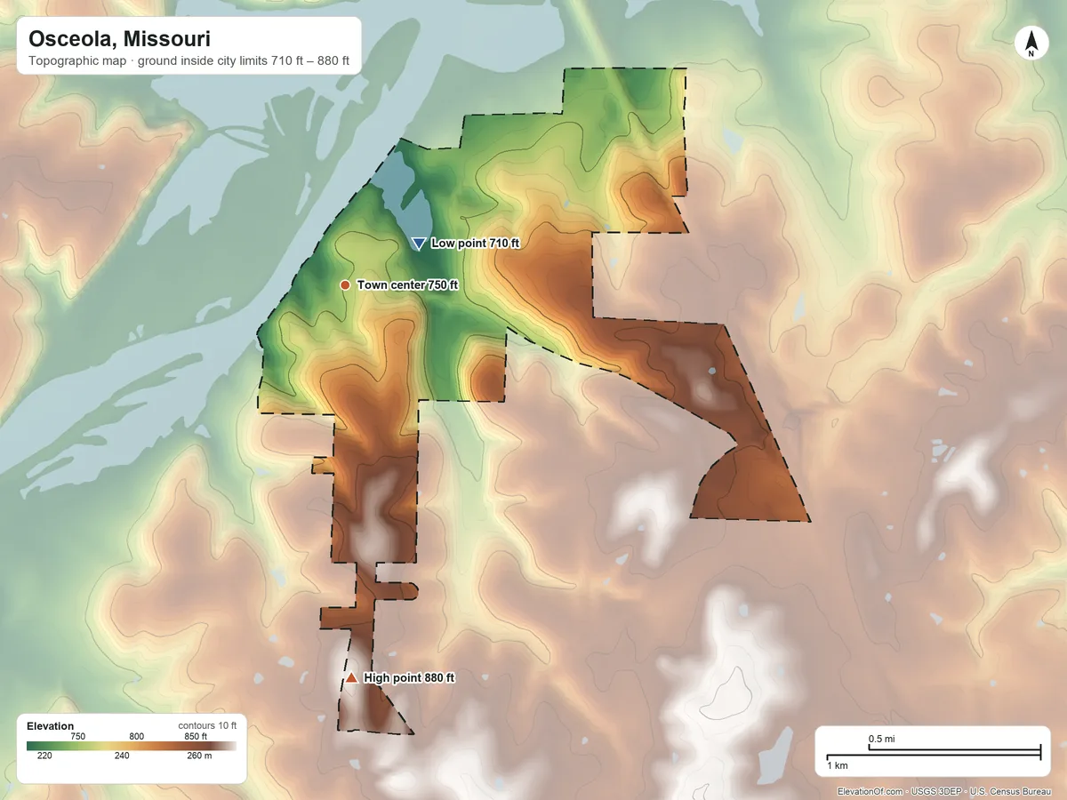 Topographic elevation map of Osceola, Missouri, shaded from 710 ft near the middle to 880 ft on the south side