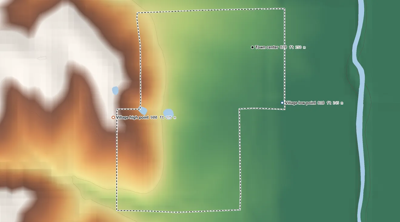 Topographic elevation map of Osgood, Missouri, shaded from 810 ft on the southeast side to 900 ft on the southwest side