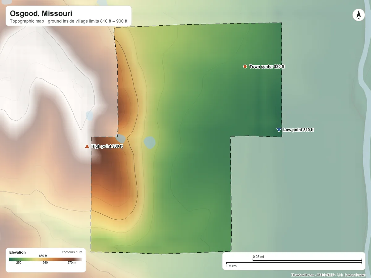 Topographic elevation map of Osgood, Missouri, shaded from 810 ft on the southeast side to 900 ft on the southwest side