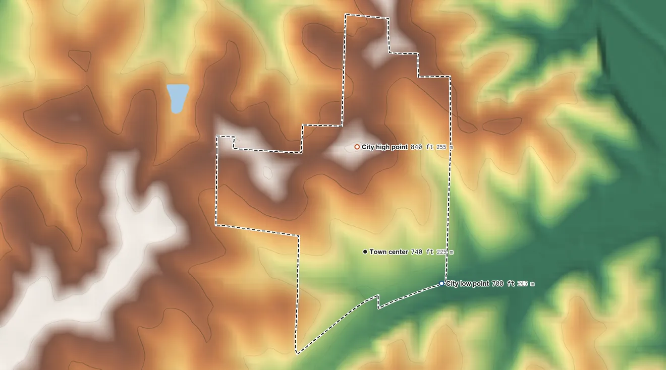 Topographic elevation map of Otterville, Missouri, shaded from 700 ft on the southeast side to 840 ft on the north side