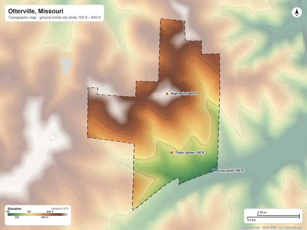 Topographic elevation map of Otterville, Missouri, shaded from 700 ft on the southeast side to 840 ft on the north side