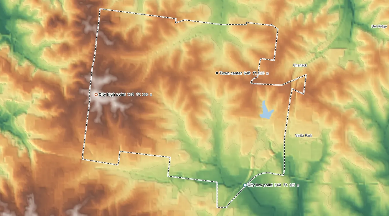 Topographic elevation map of Overland, Missouri, shaded from 540 ft on the south side to 730 ft on the west side