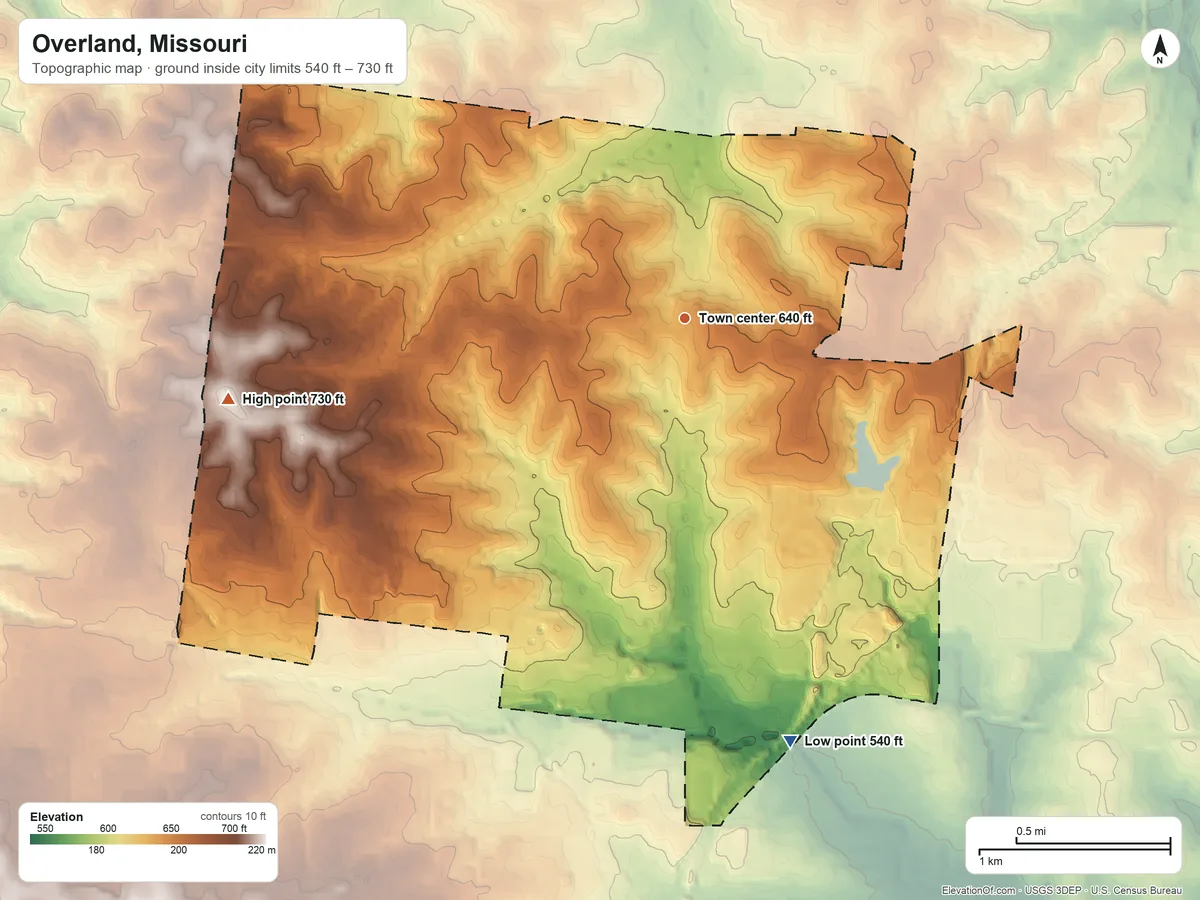 Topographic elevation map of Overland, Missouri, shaded from 540 ft on the south side to 730 ft on the west side