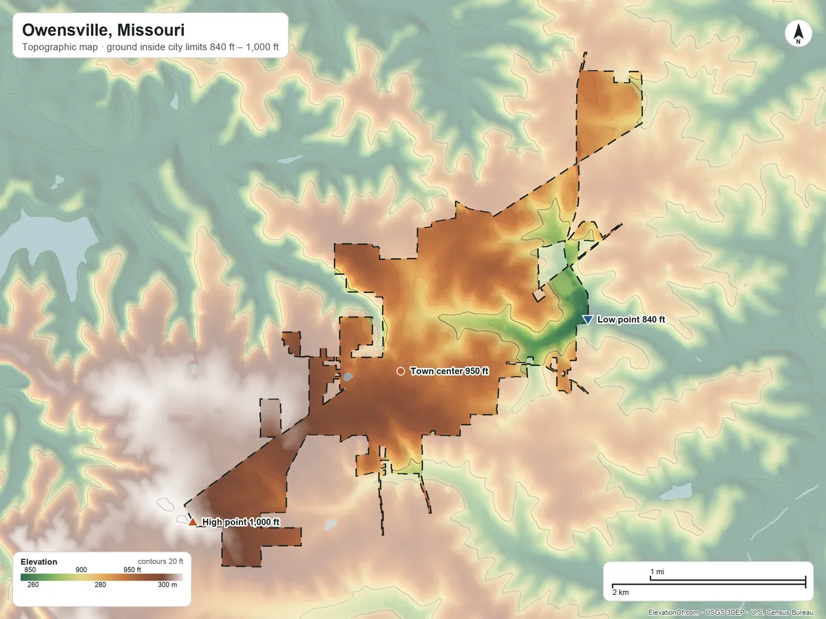 Topographic elevation map of Owensville, Missouri, shaded from 840 ft on the east side to 1,000 ft on the southwest side