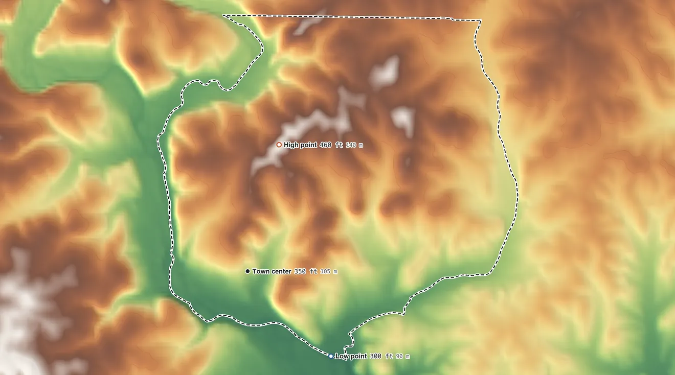 Topographic elevation map of Oxly, Missouri, shaded from 300 ft on the southeast side to 460 ft on the north side