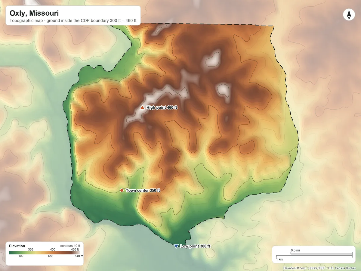 Topographic elevation map of Oxly, Missouri, shaded from 300 ft on the southeast side to 460 ft on the north side