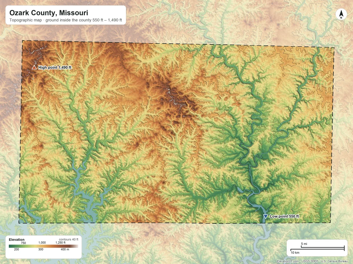 Topographic elevation map of Ozark County, Missouri, shaded from 550 ft on the southeast side to 1,490 ft on the northwest side