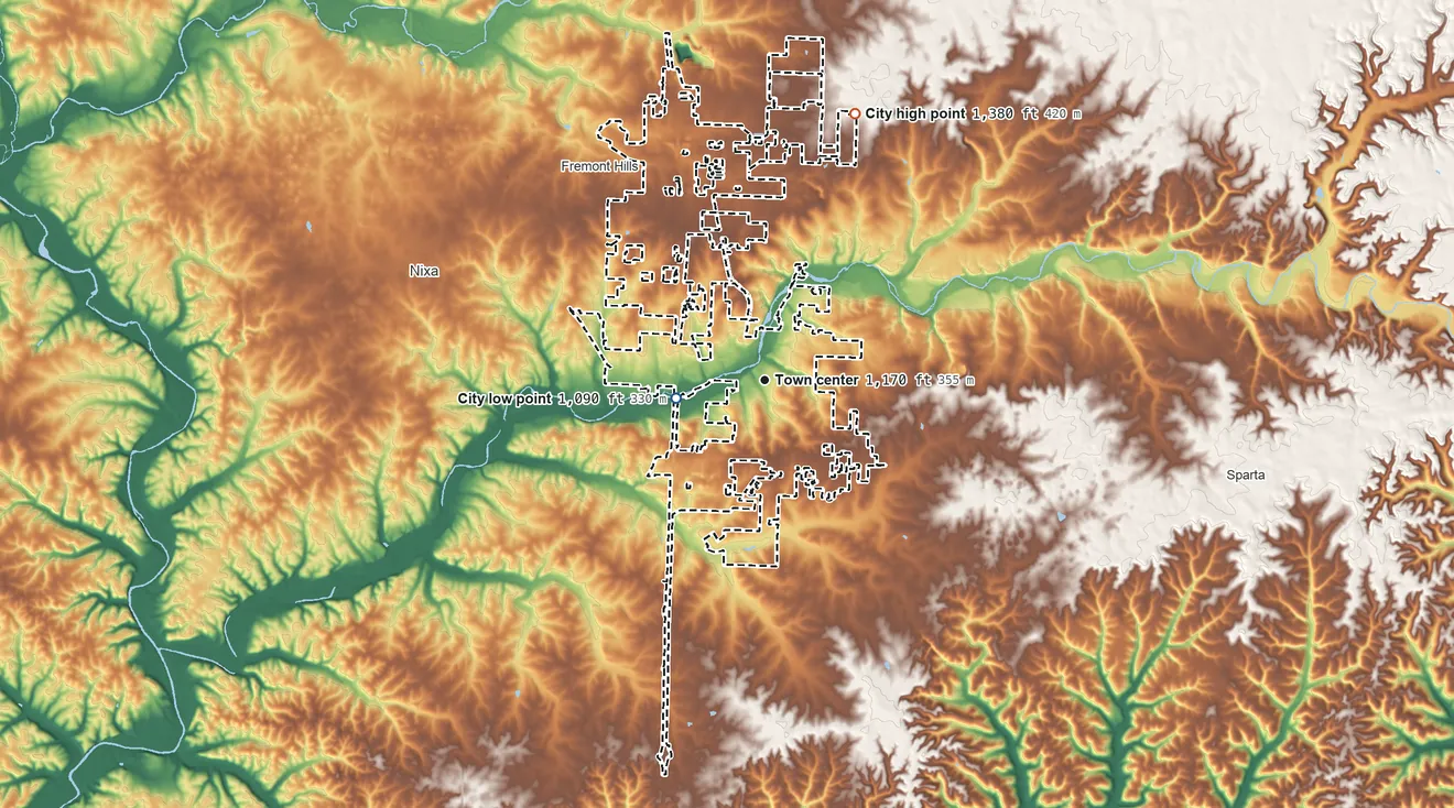 Topographic elevation map of Ozark, Missouri, shaded from 1,090 ft on the west side to 1,380 ft on the north side