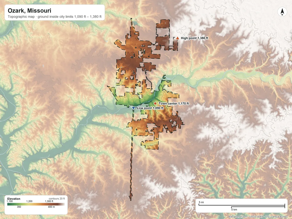 Topographic elevation map of Ozark, Missouri, shaded from 1,090 ft on the west side to 1,380 ft on the north side