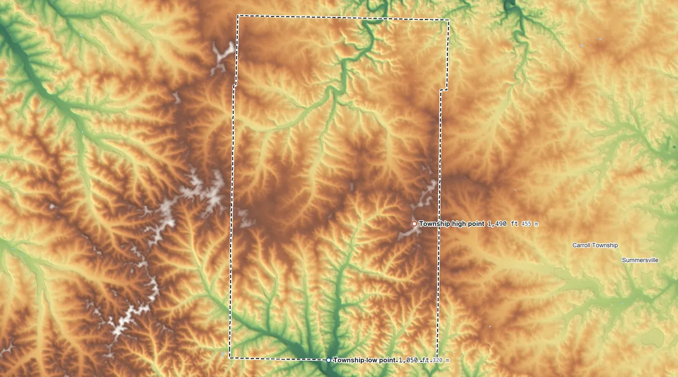 Topographic elevation map of Ozark Township, Texas County, Missouri, shaded from 1,050 ft on the south side to 1,490 ft on the southeast side