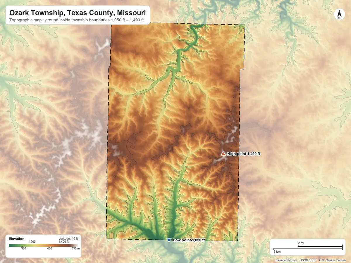 Topographic elevation map of Ozark Township, Texas County, Missouri, shaded from 1,050 ft on the south side to 1,490 ft on the southeast side