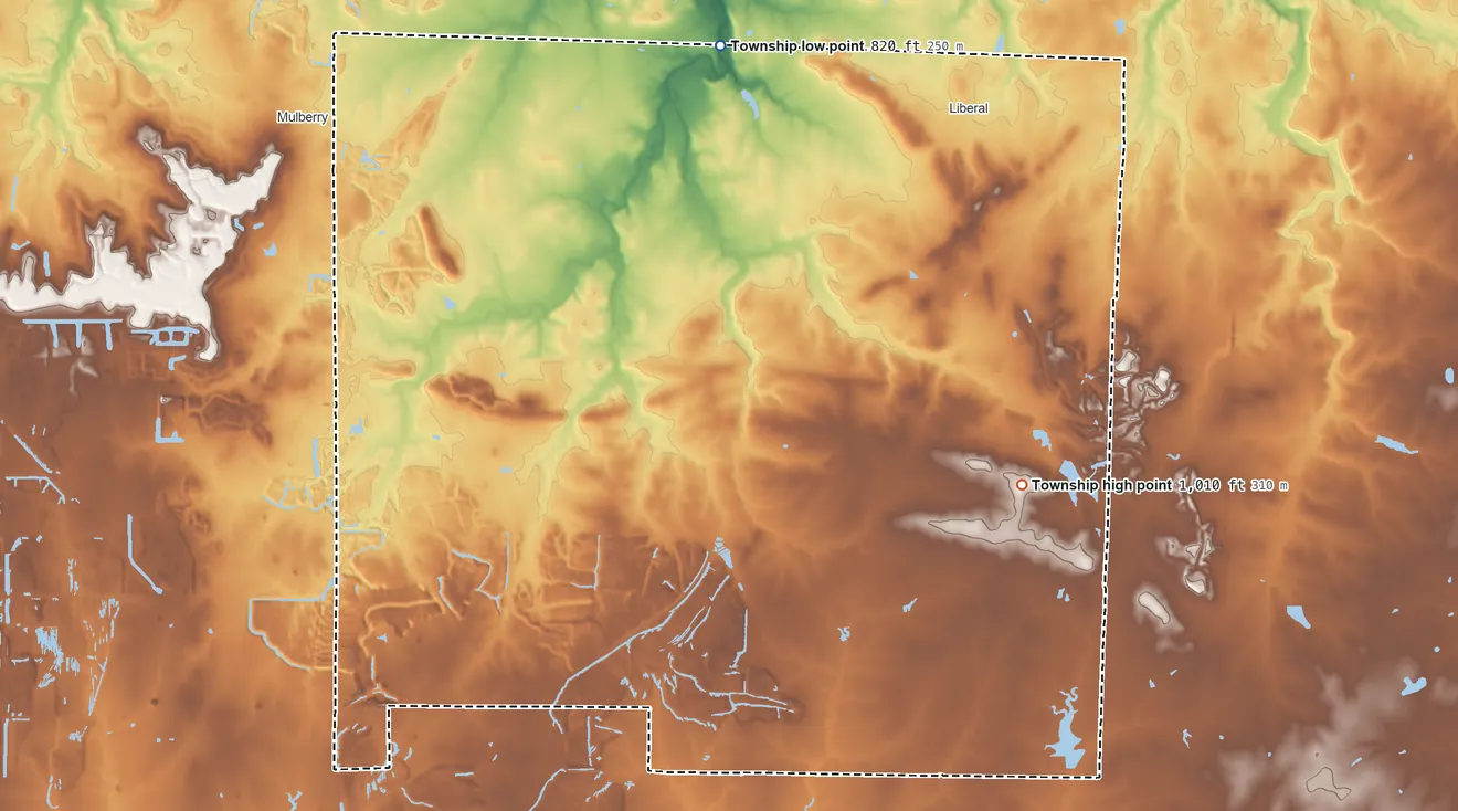 Topographic elevation map of Ozark Township, Missouri, shaded from 820 ft on the west side to 1,010 ft on the south side