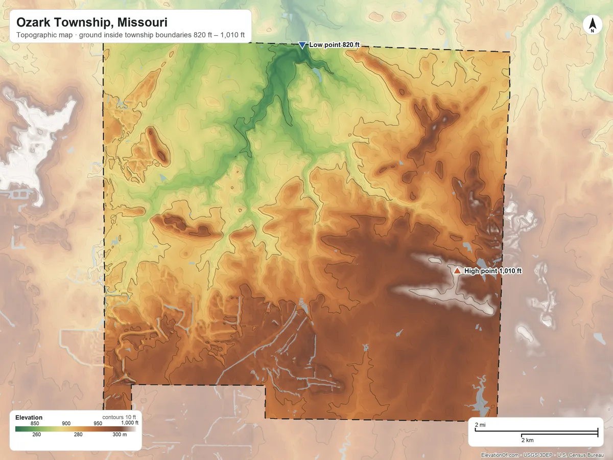Topographic elevation map of Ozark Township, Missouri, shaded from 820 ft on the west side to 1,010 ft on the south side