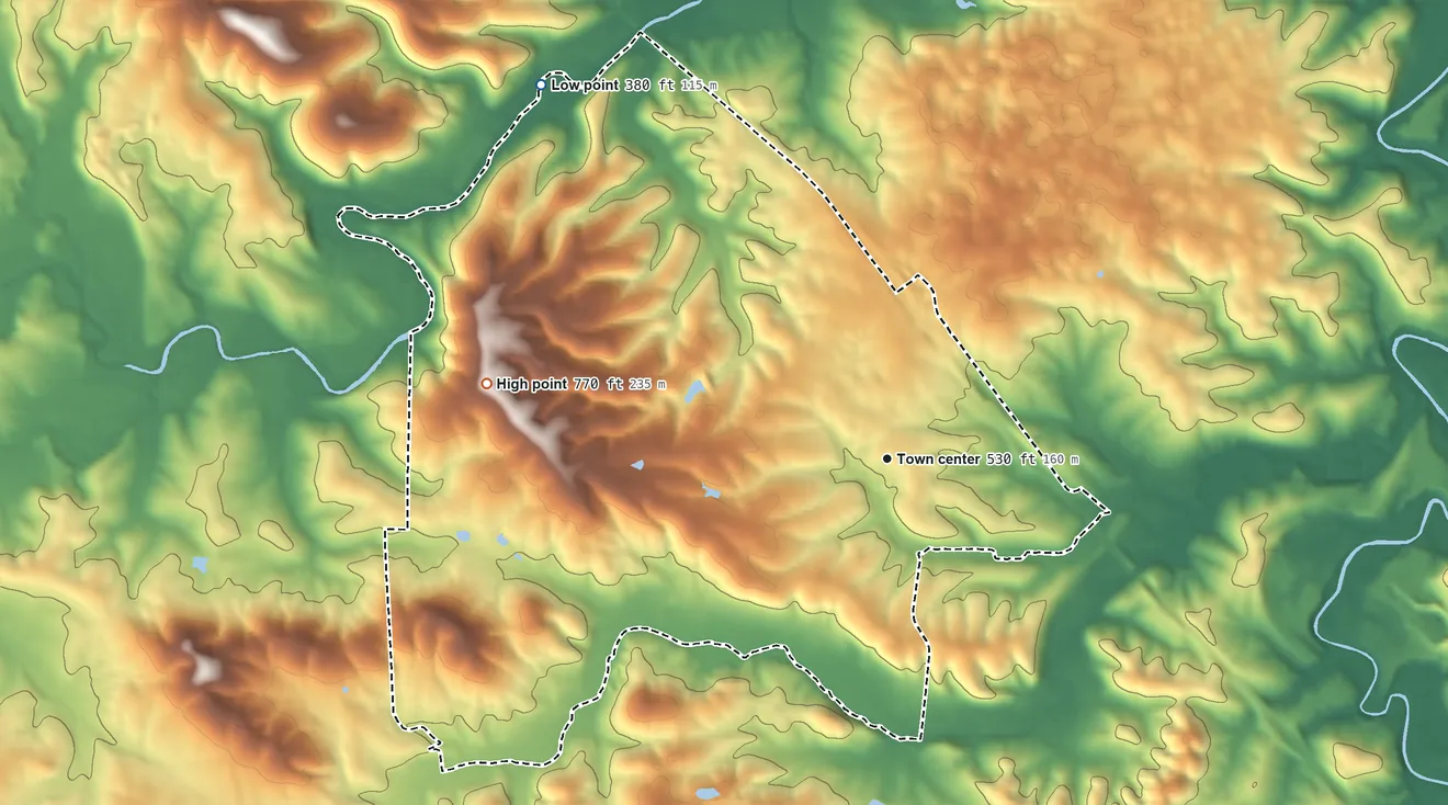 Topographic elevation map of Ozora, Missouri, shaded from 380 ft on the northwest side to 770 ft on the west side