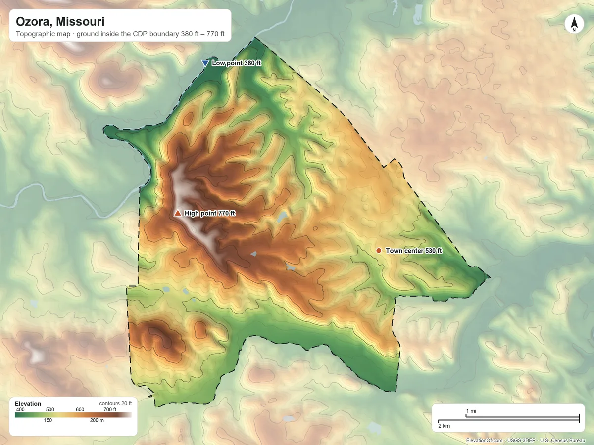 Topographic elevation map of Ozora, Missouri, shaded from 380 ft on the northwest side to 770 ft on the west side