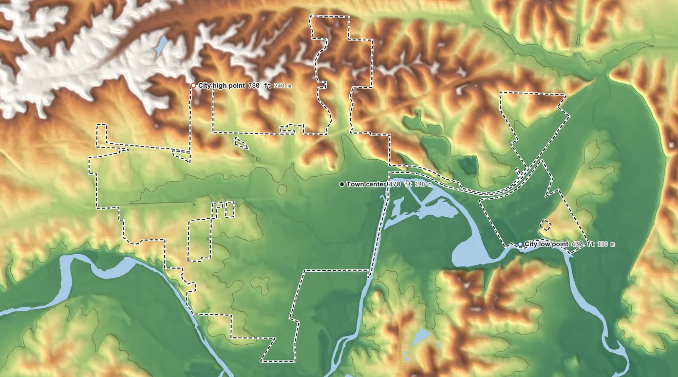 Topographic elevation map of Pacific, Missouri, shaded from 430 ft on the east side to 780 ft on the northwest side