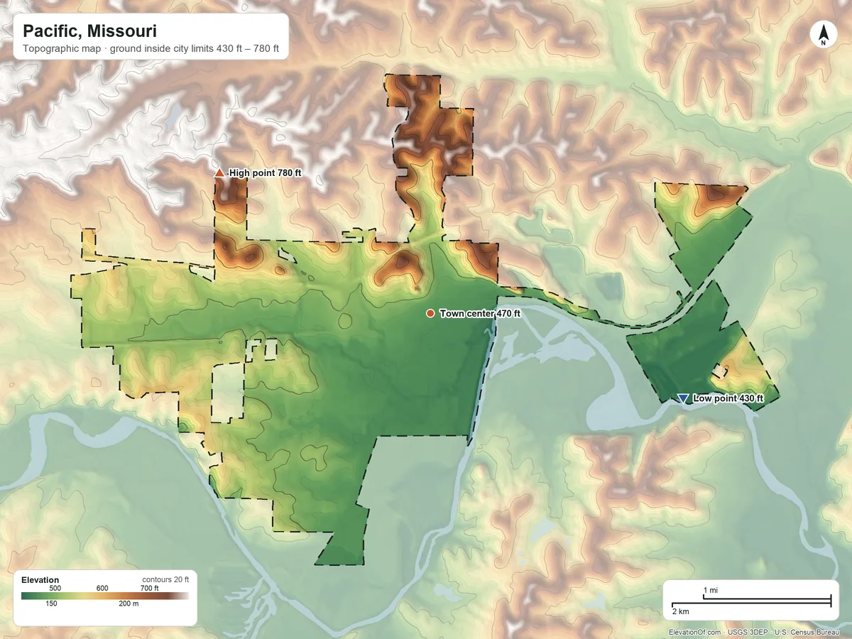 Topographic elevation map of Pacific, Missouri, shaded from 430 ft on the east side to 780 ft on the northwest side