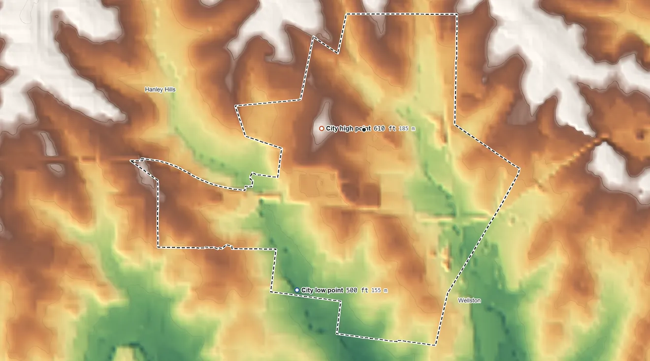 Topographic elevation map of Pagedale, Missouri, shaded from 500 ft on the southwest side to 610 ft near the middle