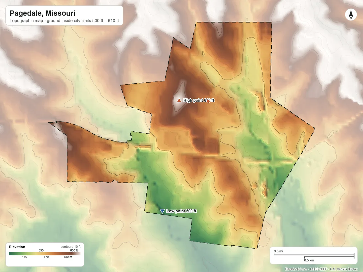 Topographic elevation map of Pagedale, Missouri, shaded from 500 ft on the southwest side to 610 ft near the middle
