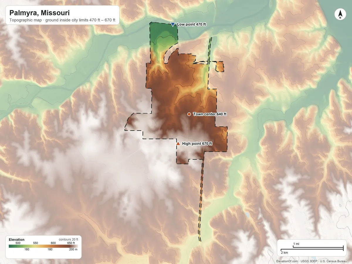 Topographic elevation map of Palmyra, Missouri, shaded from 470 ft on the north side to 670 ft on the south side