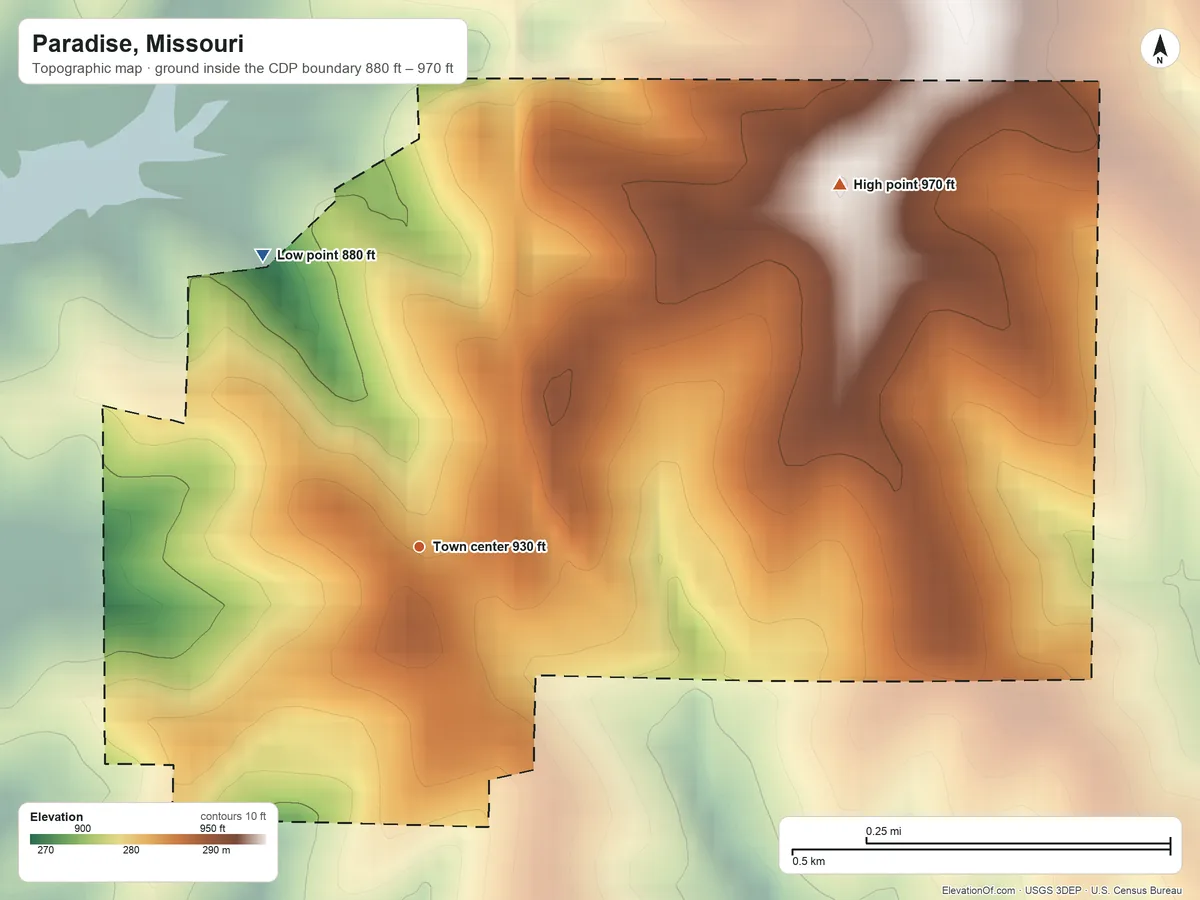 Topographic elevation map of Paradise, Missouri, shaded from 880 ft on the northwest side to 970 ft on the northeast side