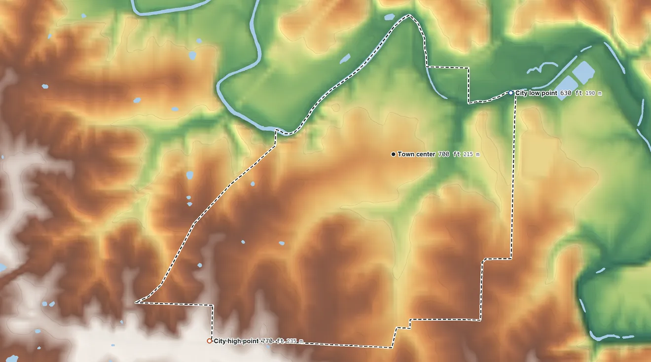 Topographic elevation map of Paris, Missouri, shaded from 630 ft on the northeast side to 770 ft on the southwest side